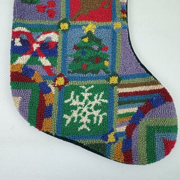 Vintage Christmas Stocking Wool Tapestry Holiday Design Cotton Velvet Back 19" - Picture 2 of 8